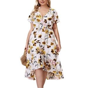 Plus Size Floral Wrap Ruffle Hi-low Hem Dress Size 2XL (16)